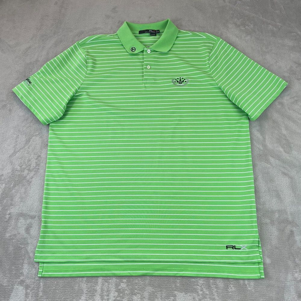 RLX Ralph Lauren Polo Shirt Men XL Green Striped Scotty Cameron Circle T Golf
